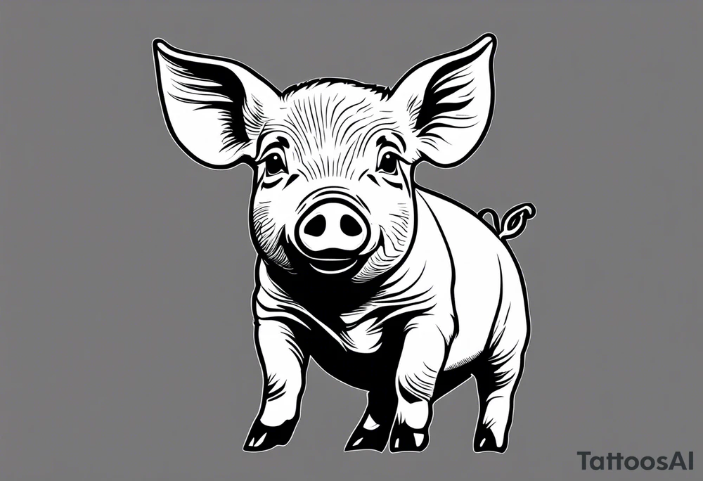 minimalist tattoo of a cute pig or piglet that contains text: "friends. not food" 

only very thin lines. no shading. black and white only tattoo idea