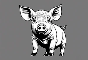 minimalist tattoo of a cute pig or piglet that contains text: "friends. not food" 

only very thin lines. no shading. black and white only tattoo idea