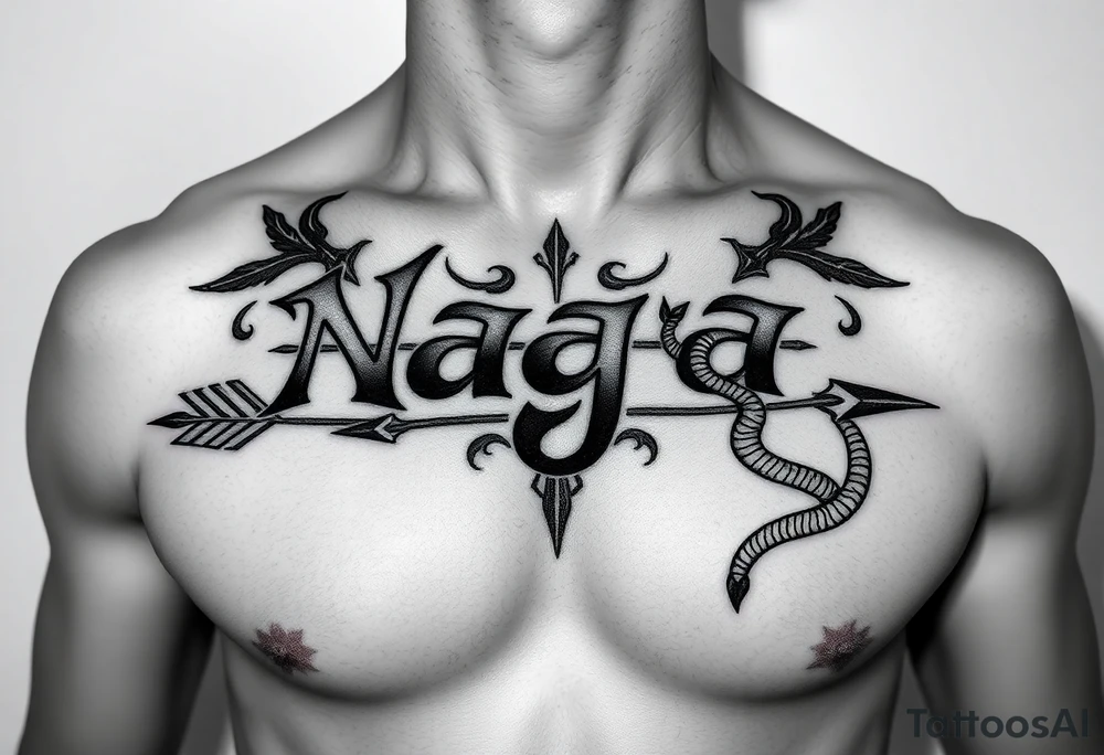 chest with naga lettering and arrow and snake tattoo idea