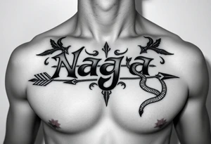 chest with naga lettering and arrow and snake tattoo idea