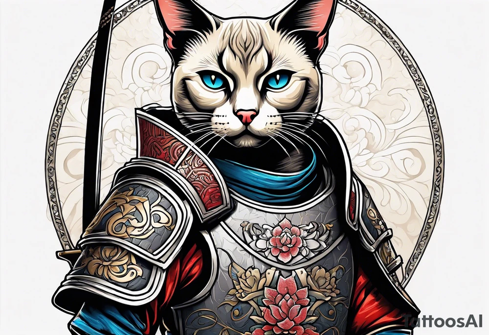 A siamese cat standing up wearing a samurai armor and holding a katana tattoo idea