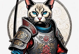 A siamese cat standing up wearing a samurai armor and holding a katana tattoo idea