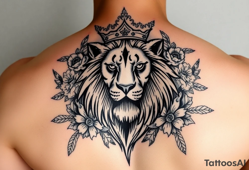 powerful majestic lion with a crown, surrounded by floral ornaments and birds tattoo idea