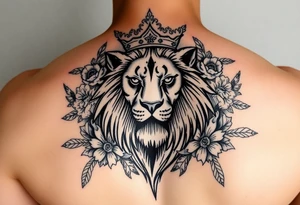 powerful majestic lion with a crown, surrounded by floral ornaments and birds tattoo idea