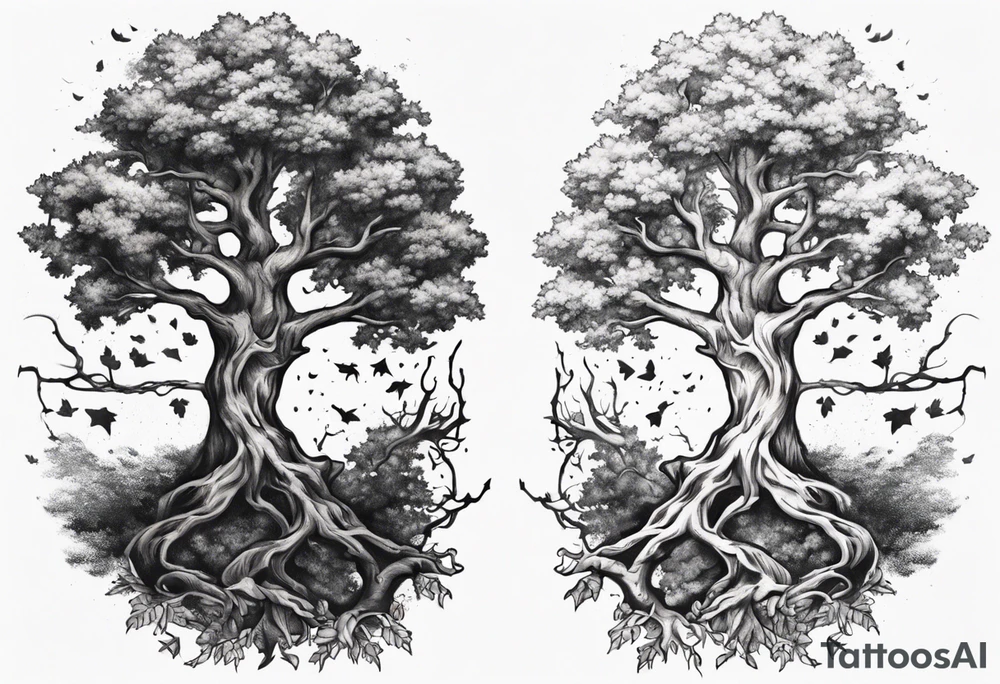 Two oak trees growing together forearm tattoo idea