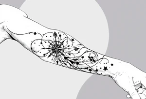 Bow and arrow arm with kompass but simple fineline small tattoo idea