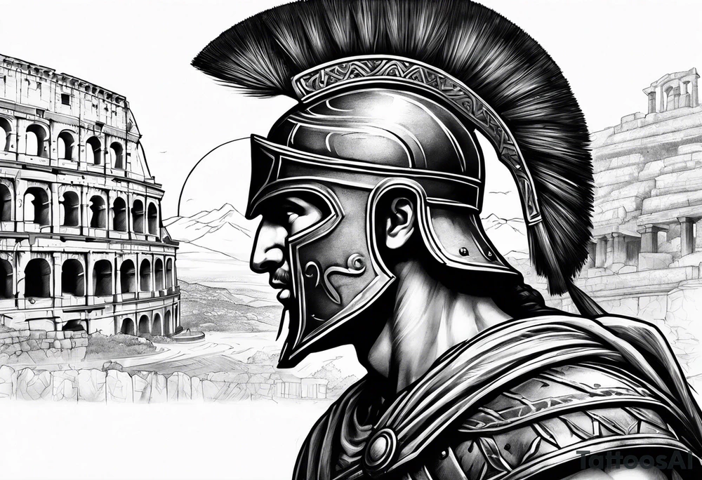 Side profile Spartan Solider ancient roman city in the background tattoo idea