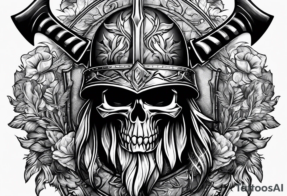 Valhalla sword shield axe mist tattoo idea