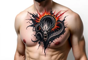 The chestburster emerging from a silhouette, with dark, shadowy tones of black and grey, surrounded by a burst of red and orange. tattoo idea