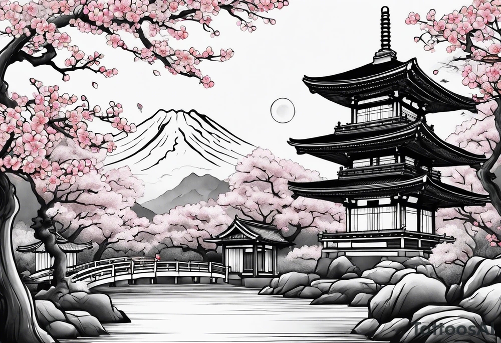 Japanese temple with cherry blossom surrounding tattoo idea Japanese temple with cherry blossom surrounding tattoo idea