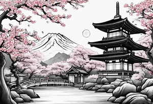 Japanese temple with cherry blossom surrounding tattoo idea