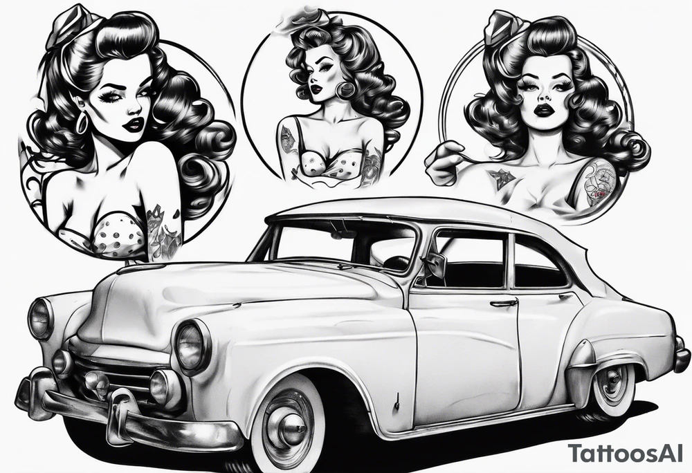 Topless pinup doll sitting on the hood of an vintage car tattoo idea