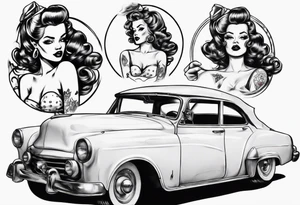 Topless pinup doll sitting on the hood of an vintage car tattoo idea