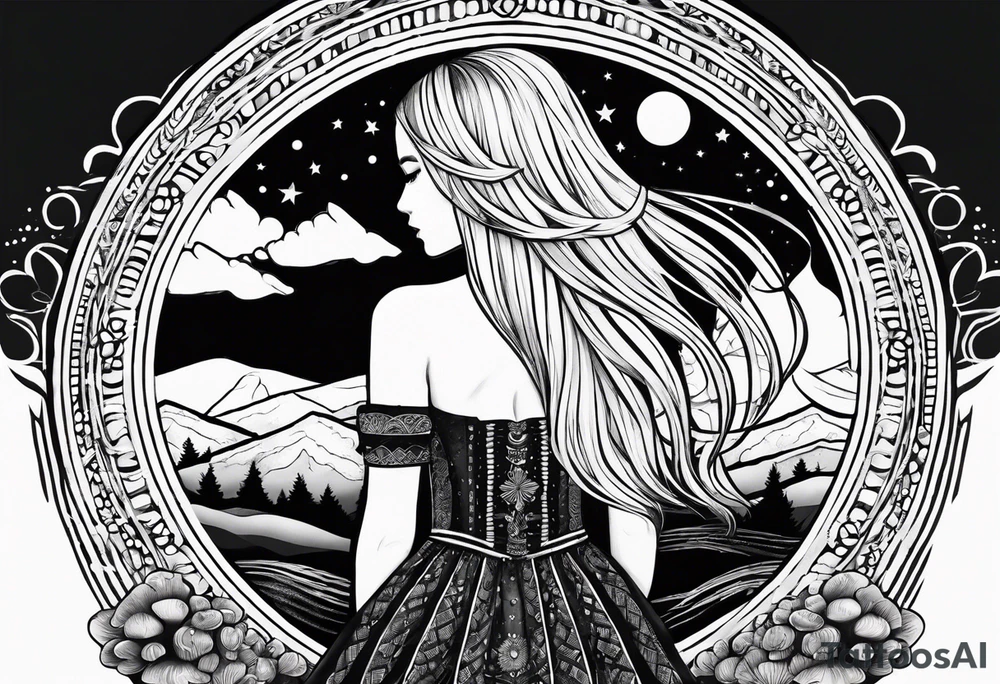 Straight blonde hair girl facing away toward mountains surrounded by mushrooms crescent moon mandala circular design black and white striped dress "8" braided into hair tattoo idea