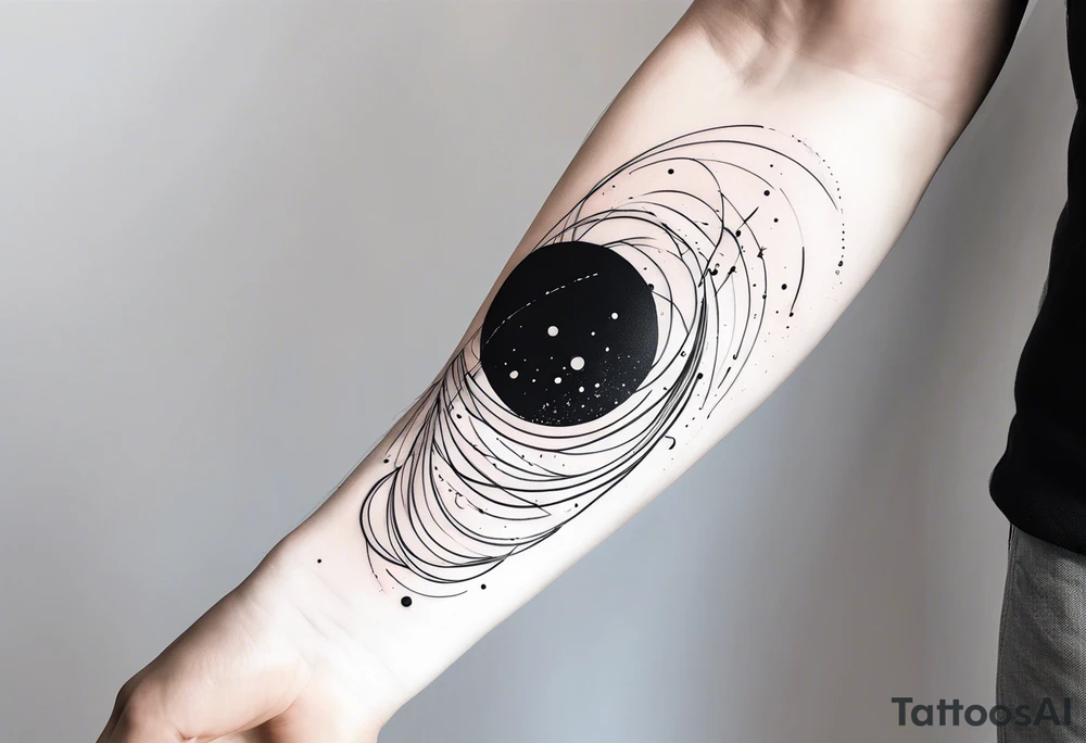 flowing abstract large forearm tattoo with lines, splatters, circles tattoo idea