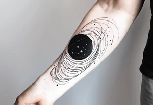 flowing abstract large forearm tattoo with lines, splatters, circles tattoo idea