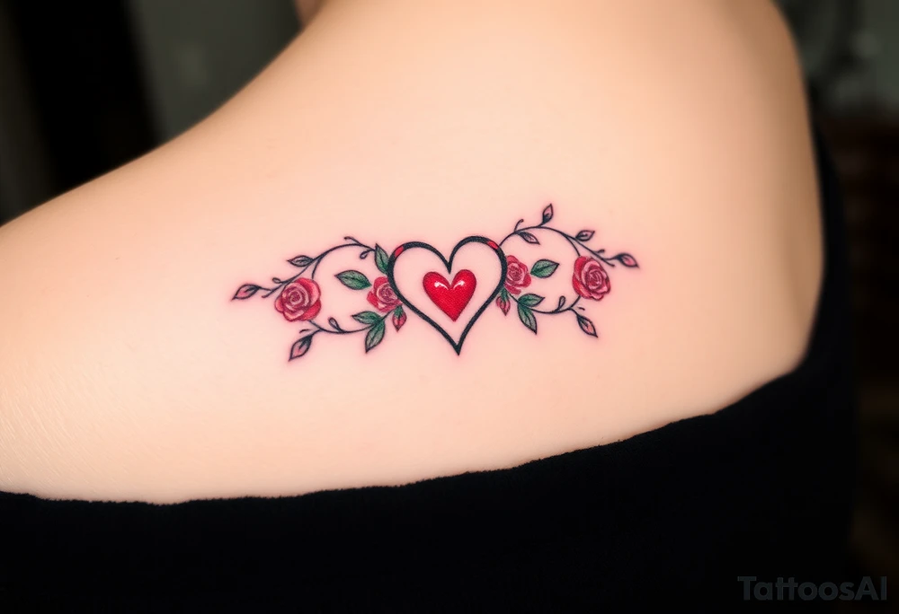 Full infinity symbol made out of vine banches with delicate roses and a heart at its center, in soft red and green hues tattoo idea