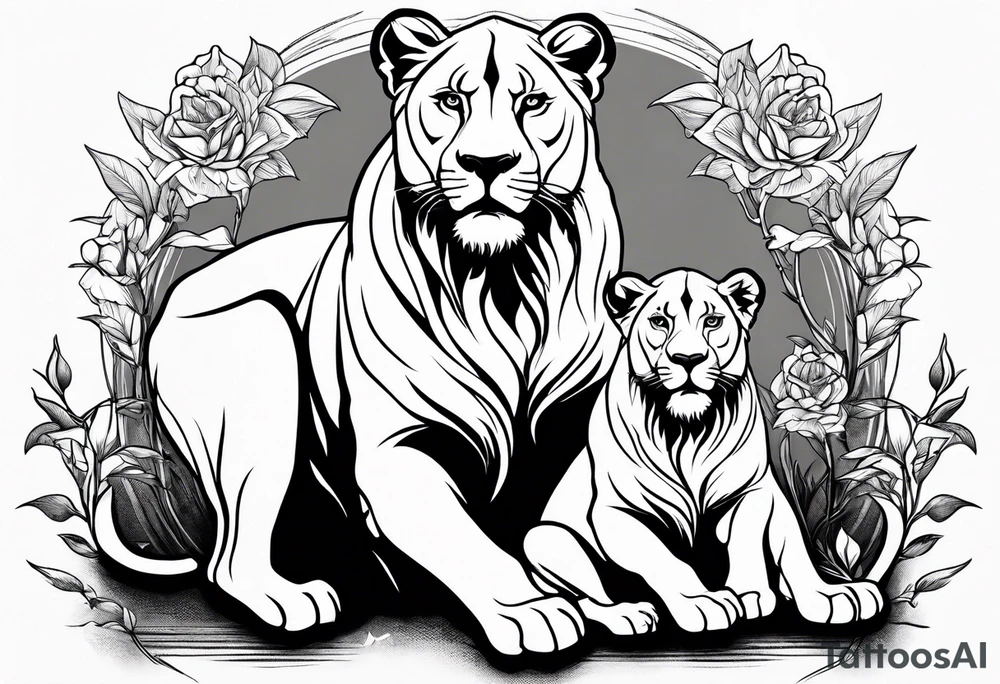 Lioness on her hind legs
 protecting her two cubs tattoo idea