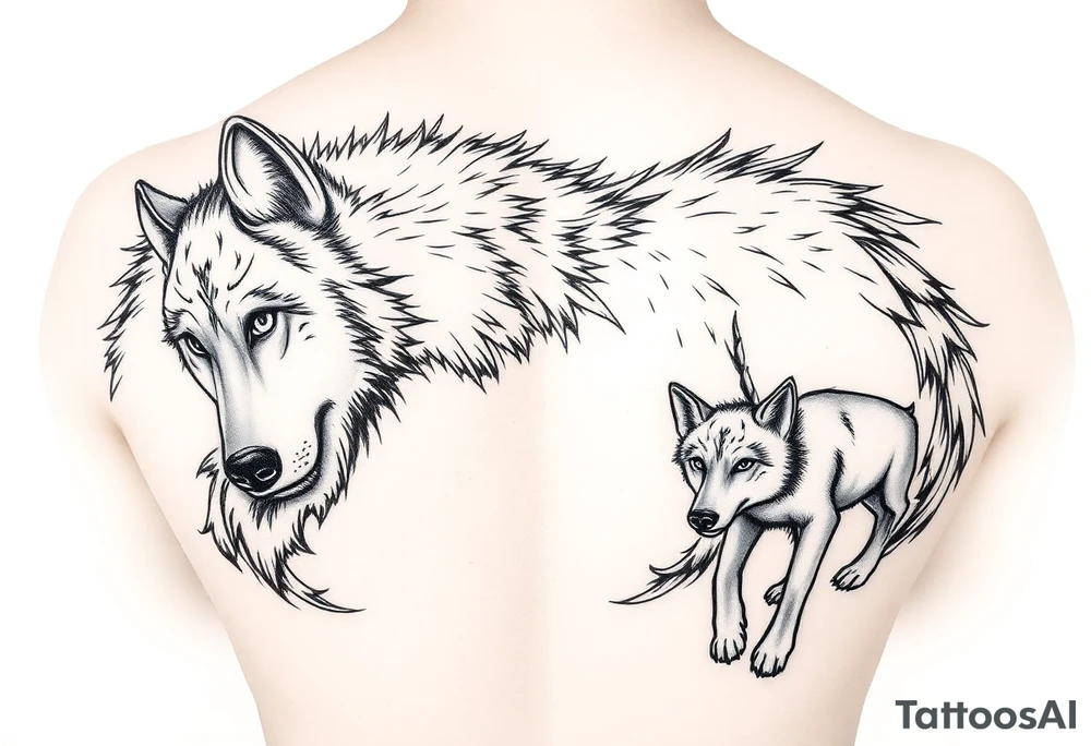 A solitary yet sublime and noble wolf and its progeny. tattoo idea
