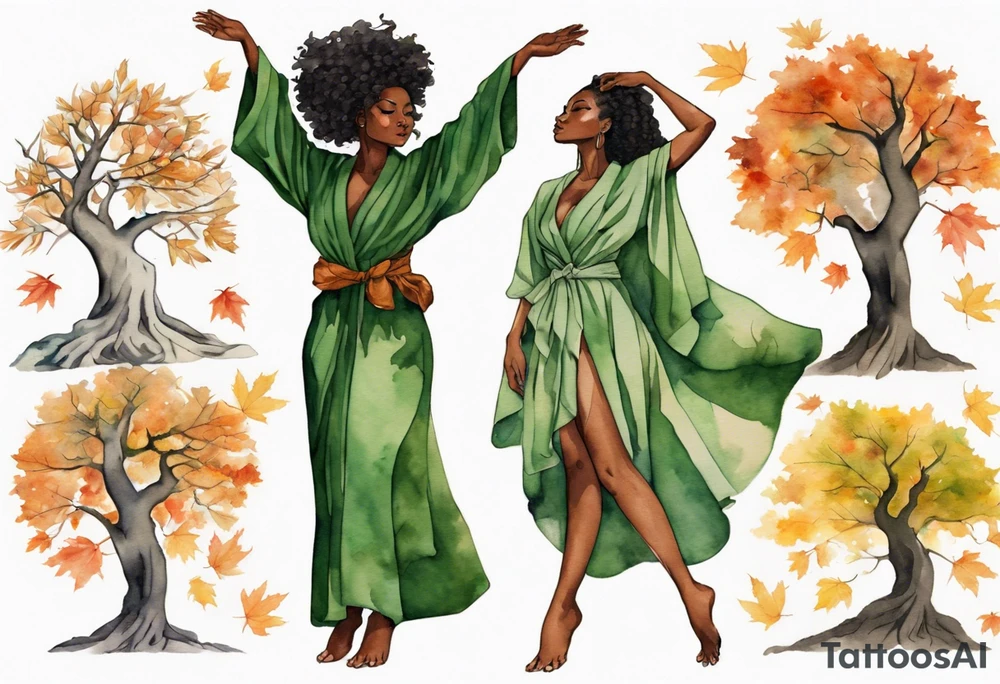a beautiful black woman with the lower half of a tree with roots, wearing a green robe, arms reaching up towards the sun blazing in the sky, autumn leaves in her hair tattoo idea