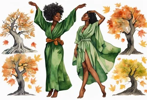 a beautiful black woman with the lower half of a tree with roots, wearing a green robe, arms reaching up towards the sun blazing in the sky, autumn leaves in her hair tattoo idea