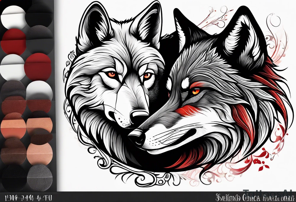 Black wolf and red fox nuzzling tattoo idea