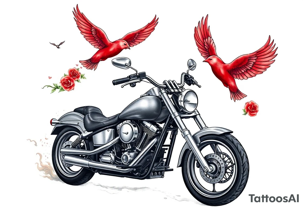 Harley grey motorcycle driving away, two red birds flying, roses, flames, angel wings tattoo idea