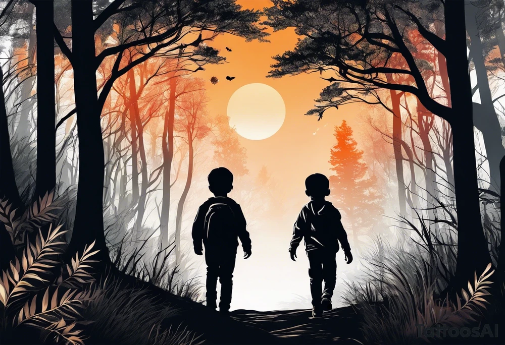 A silhouette of a young child walking through a dark, expansive forest tattoo idea