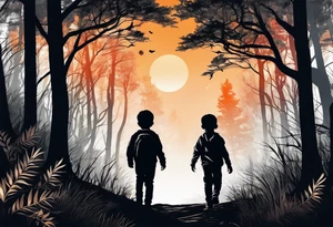 A silhouette of a young child walking through a dark, expansive forest tattoo idea
