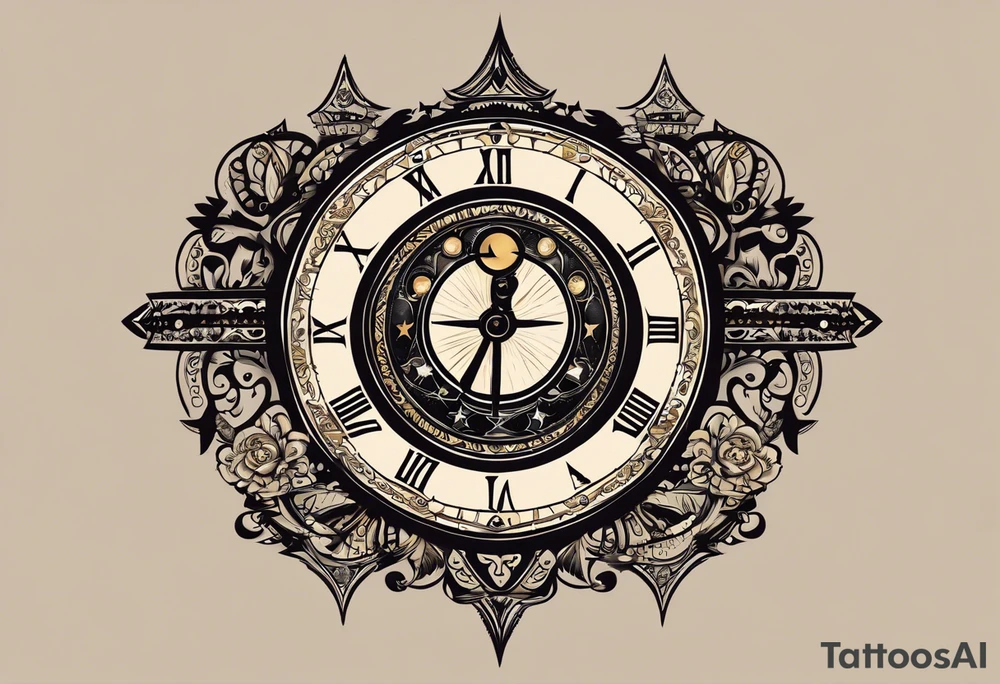 I want a tattoo-inspired design for a t-shirt that features a bold and detailed hourglass with a hand clock in the center, using Amazigh numerals for the clock numbers. The hourglass should have a strong, shaded look, with sharp lines resembling tattoo art. Planets and stars should orbit around the hourglass, giving it a cosmic and timeless feel. The design should be intricate, focusing on the flow of time and the universe, with the planets adding depth and movement. The overall aesthetic should be bold and detailed, in a blackwork tattoo style, without any flowers."black and whit design tattoo idea