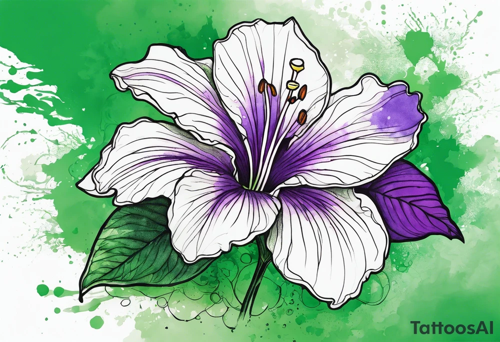 An outline of a green rio dipladenia flower and a purple watercolor splash in the background tattoo idea
