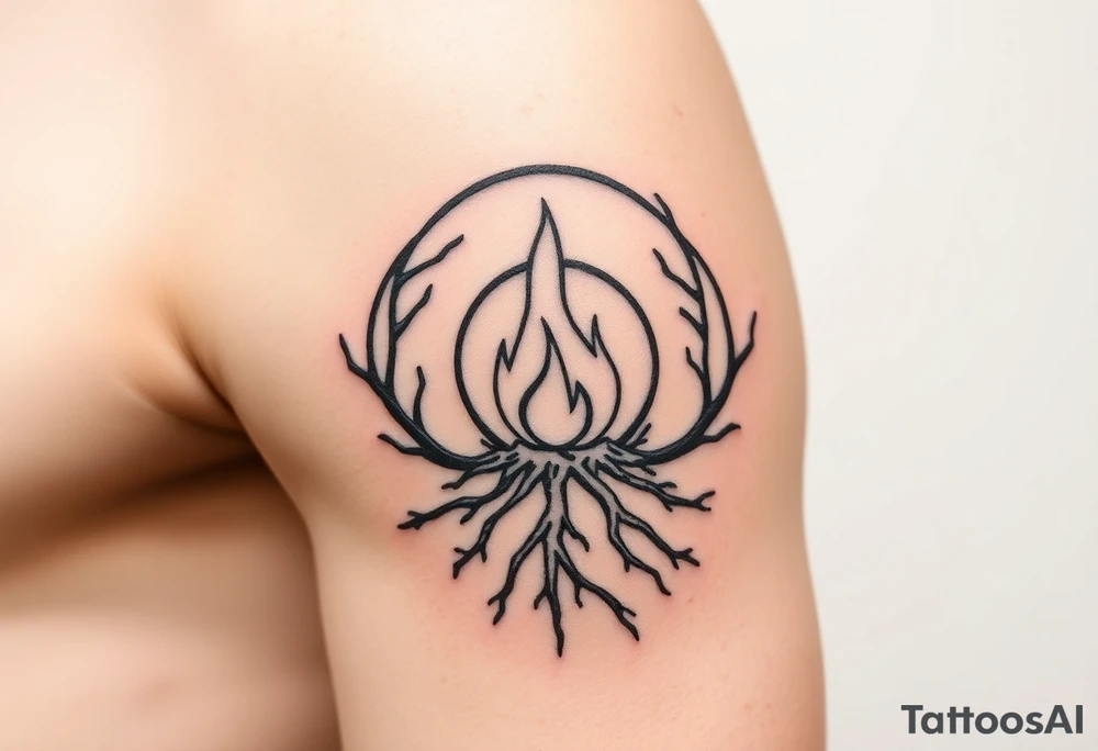 a round flame imprisoned in a roots circle tattoo idea