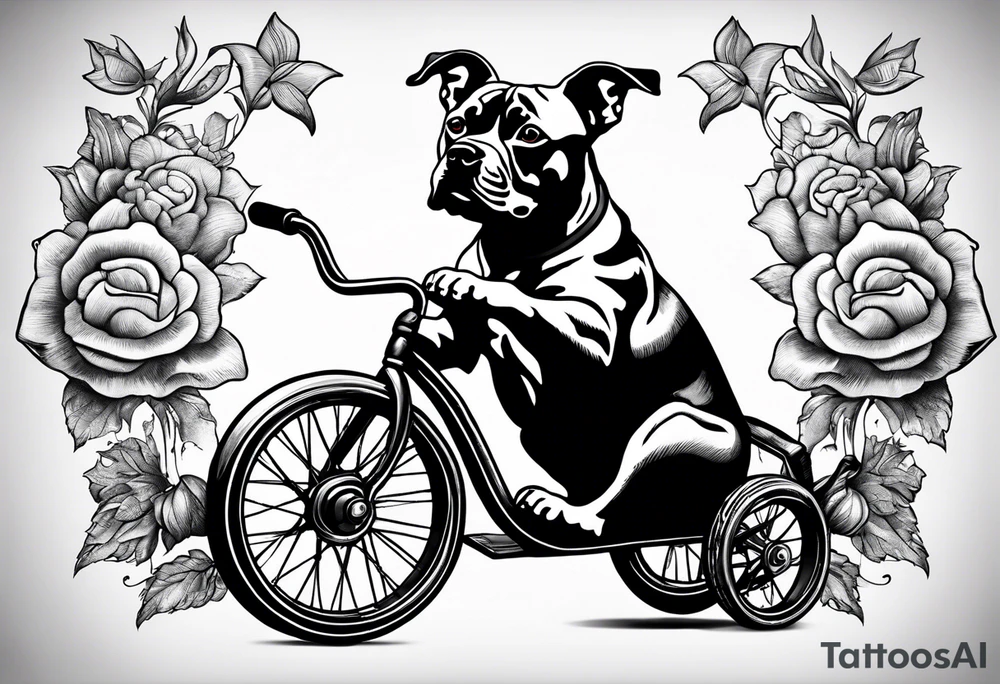 Pittbull wearing a topcoat riding a tricycle tattoo idea