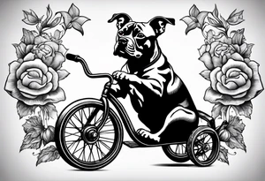 Pittbull wearing a topcoat riding a tricycle tattoo idea