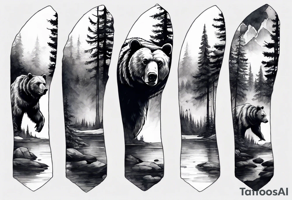 bear head right above the forest line with a lake below, full arm sleeve tattoo tattoo idea