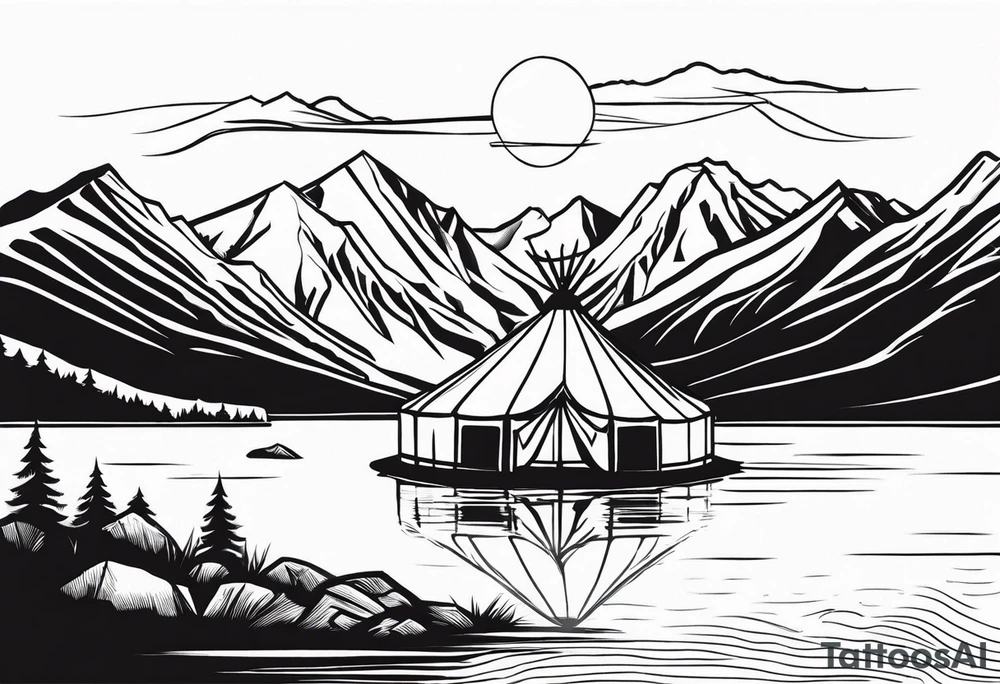 mountains, lake, yurt, sun, kyrgyzstan tattoo idea