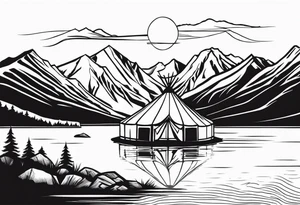 mountains, lake, yurt, sun, kyrgyzstan tattoo idea