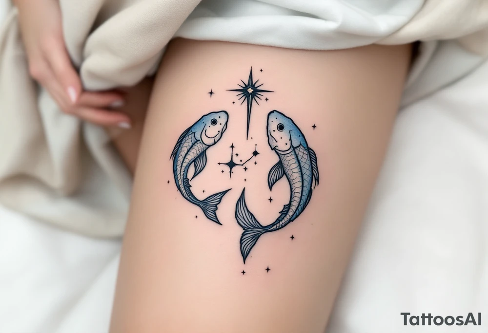 A black-ink Pisces glyph anchors this design, with the Pisces star constellation fading into a soft sky-blue mist. tattoo idea