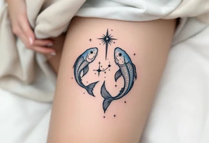 A black-ink Pisces glyph anchors this design, with the Pisces star constellation fading into a soft sky-blue mist. tattoo idea