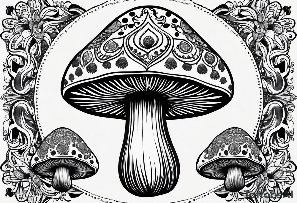 Large Shaggy cap mushroom dripping ink off cap with 4 smaller mushrooms around it mandala henna black tattoo design tattoo idea