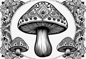 Large Shaggy cap mushroom dripping ink off cap with 4 smaller mushrooms around it mandala henna black tattoo design tattoo idea