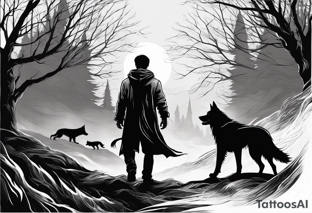 Harry Potter Werewolf and black dog standing side by side tattoo idea