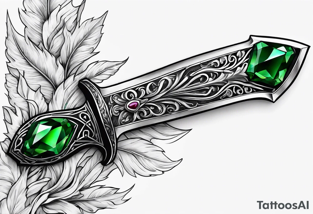 An athame dagger with an oak hilt turned upright and emerald gemstones on it tattoo idea