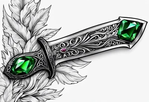 An athame dagger with an oak hilt turned upright and emerald gemstones on it tattoo idea