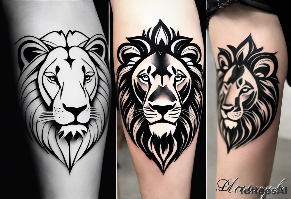 Minimalist black and white tattoo design for the calf featuring a lion, lioness, and lion cub. The lion faces upward towards the sky, looking in the opposite direction of the lioness. The lion cub is positioned below them, looking up. The design has a feminine touch with simple lines and elegant curves, focusing on the emotional connection between the three animals. tattoo idea