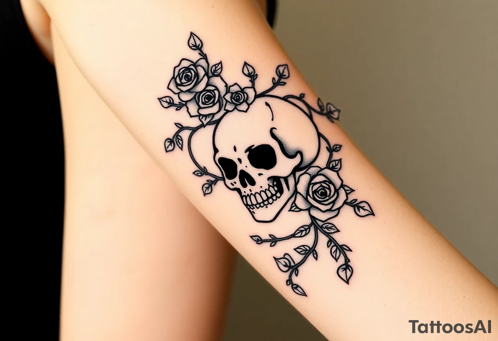 gothic skull intertwined with climbing roses and thorny vines tattoo idea
