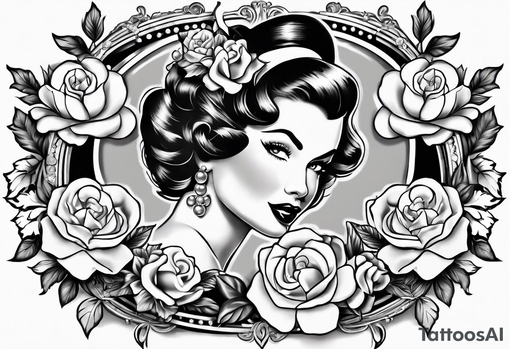 1950s pinup pumps with flowers, pearl necklaces, bows, and lace tattoo idea