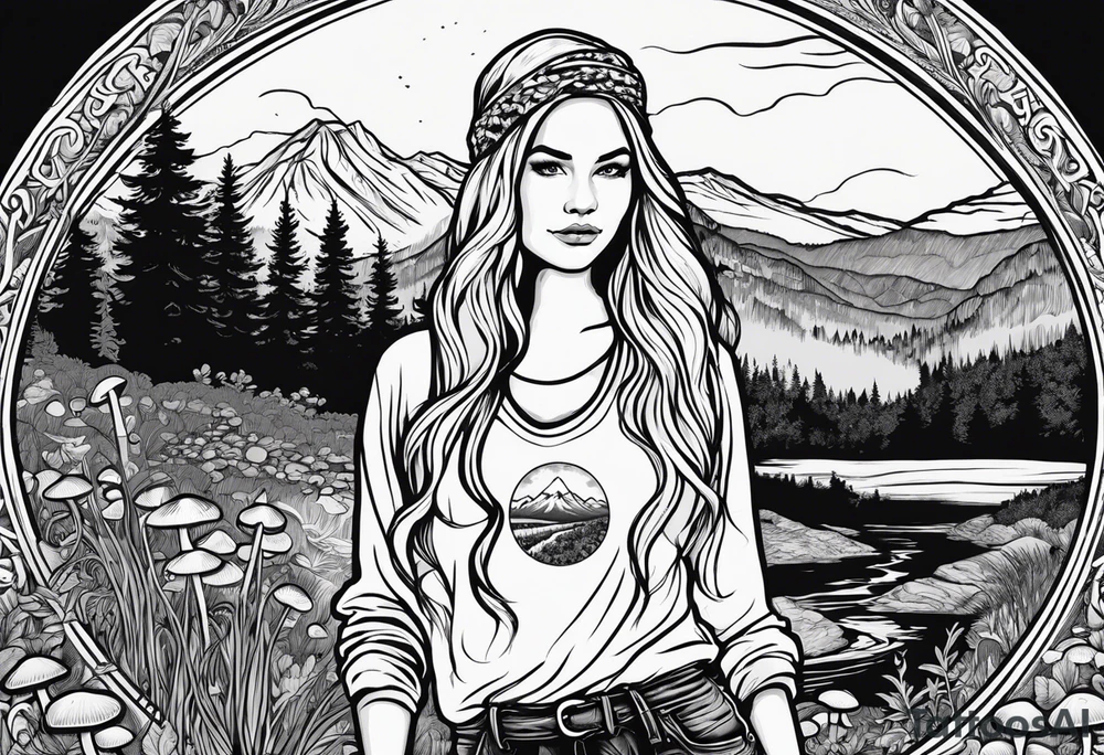 Whole picture encircled fully

Straight long blonde hair hippie girl in distance holding mushrooms in hand facing away toward mountains and creek surrounded by mushrooms long sleeve shirt and hiking pants; whole rendering within a full circle, no cut off circle tattoo idea