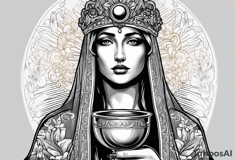 holy saint woman with halo holding a chalice tattoo idea