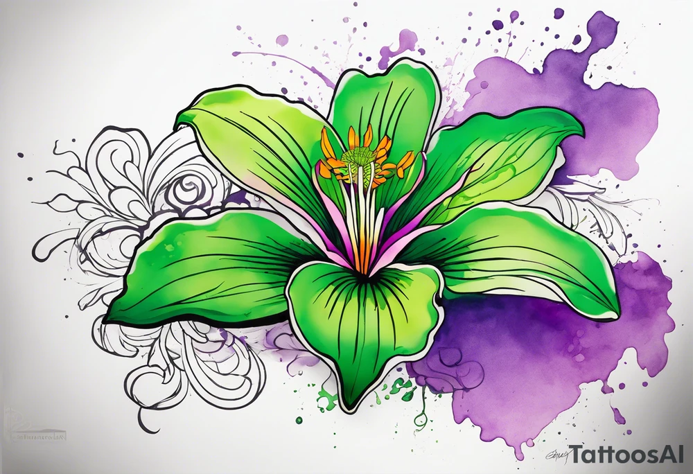 An outline of a green rio dipladenia flower and a green/purple watercolor splash in the background tattoo idea